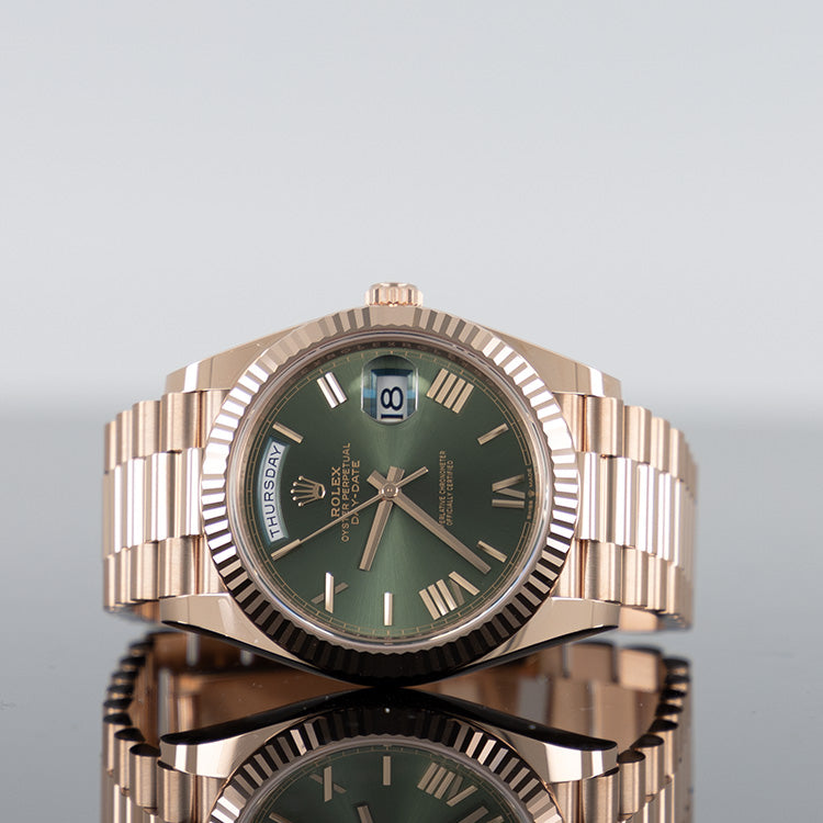 Rolex Day-Date 228235 — Rose Gold Olive Roman Dial Rose Gold 40mm