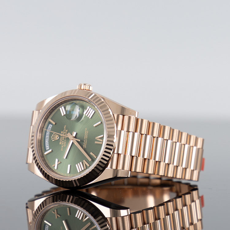 Rolex Day-Date 228235 — Rose Gold Olive Roman Dial Rose Gold 40mm