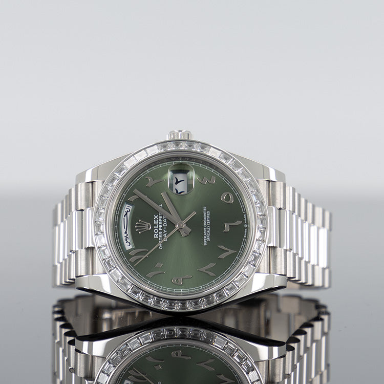 Rolex Day-Date 228396TBR — Green Dial Platinum 40mm