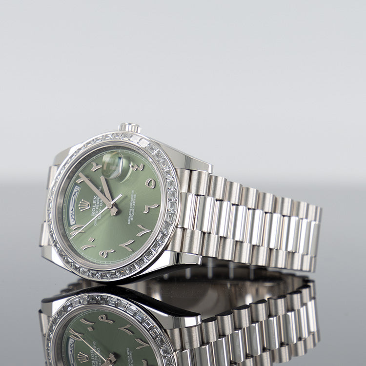 Rolex Day-Date 228396TBR — Green Dial Platinum 40mm
