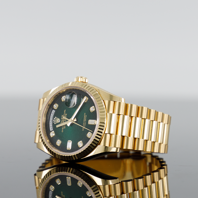 Rolex Day-Date 128238 — Gold Ombre Fluted Diamond Dial Yellow Gold Diamond 36mm