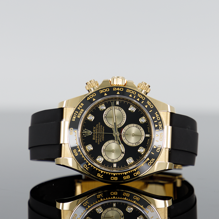 Rolex Daytona 126518LN — Black Yellow Sub Dial Yellow Gold Diamond Oysterflex 40mm