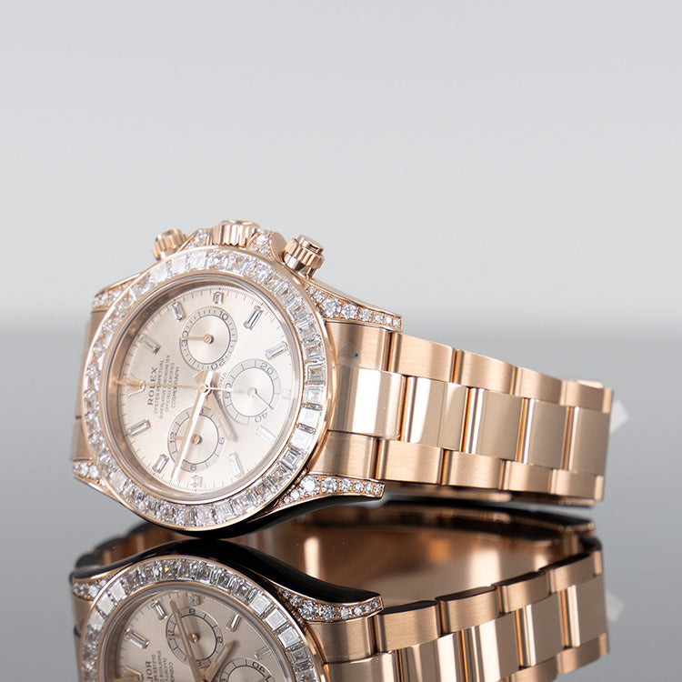 Rolex Daytona 126595TBR — Rose Gold Sundust Baguette Dial Rose Gold Baguette 40mm