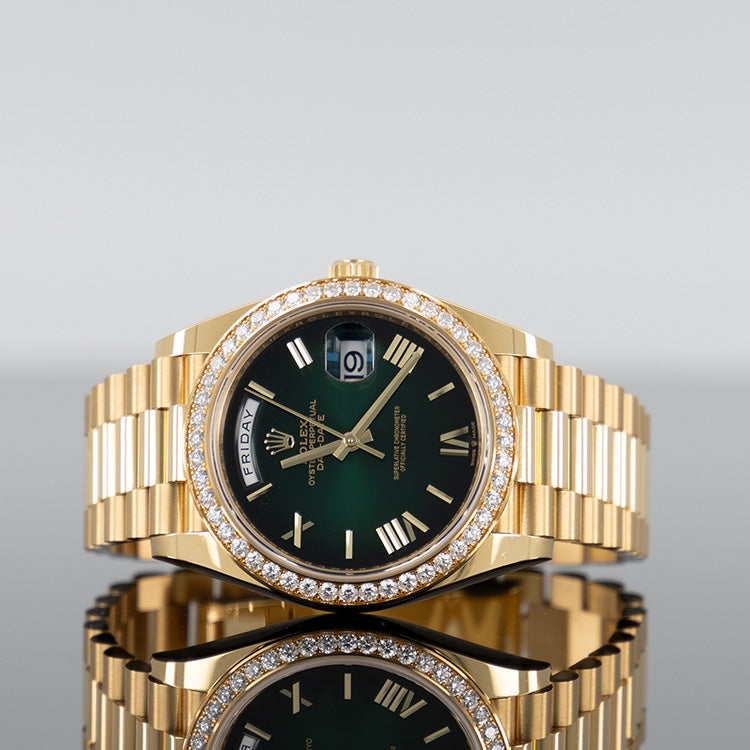 Rolex Day-Date 228348RBR — Gold Ombre Green Dial Yellow Gold 40mm