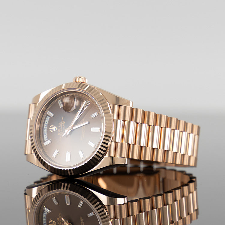 Rolex Day-Date 228235 — Rose Gold Chocolate Baguette Dial Rose Gold Baguette 40mm