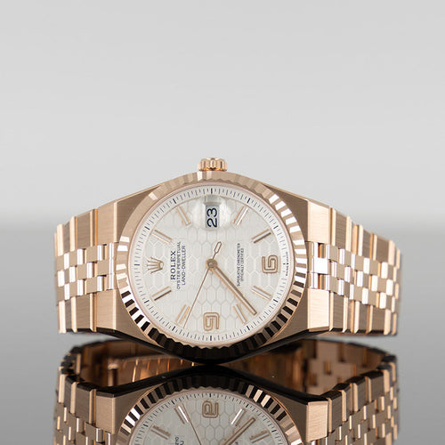 Rolex Rolox Land Dweller 127335 — Gold White Honeycomb Motif Dial Rose Gold 40mm