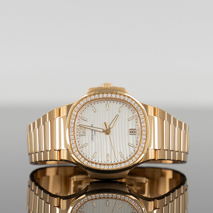Patek Philippe Nautilus — Gold Diamond Bezel White Dial Rose Gold Diamond 35.2mm