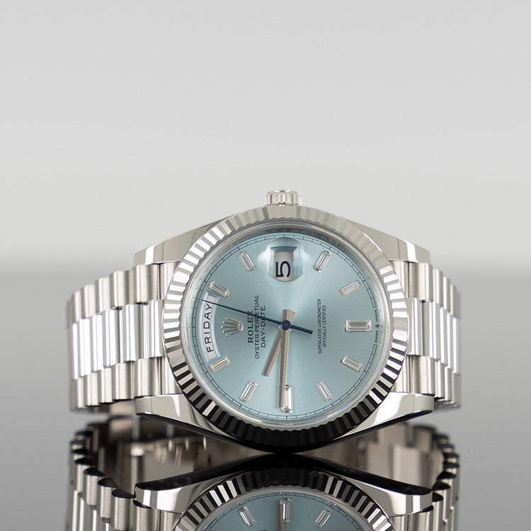 Rolex Day-Date 228236 — Blue Baguette Dial Platinum Baguette 40mm