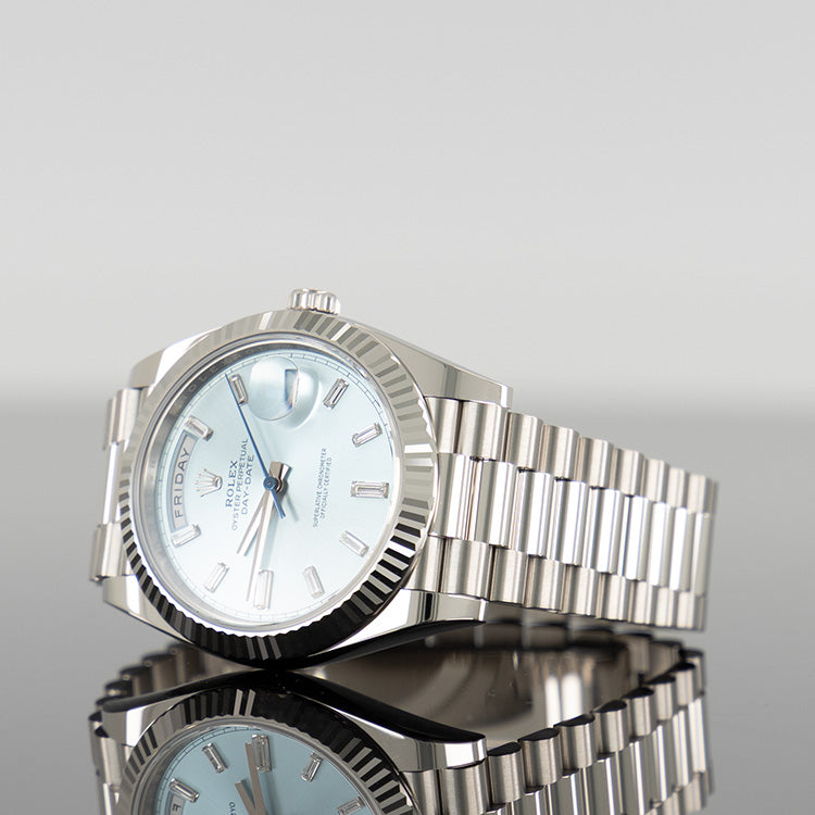 Rolex Day-Date 228236 — Blue Baguette Dial Platinum Baguette 40mm