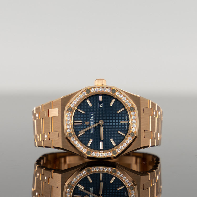 Audemars Piguet Royal Oak 67651OR — Rose Gold Blue Dial Rose Gold Diamond 33mm